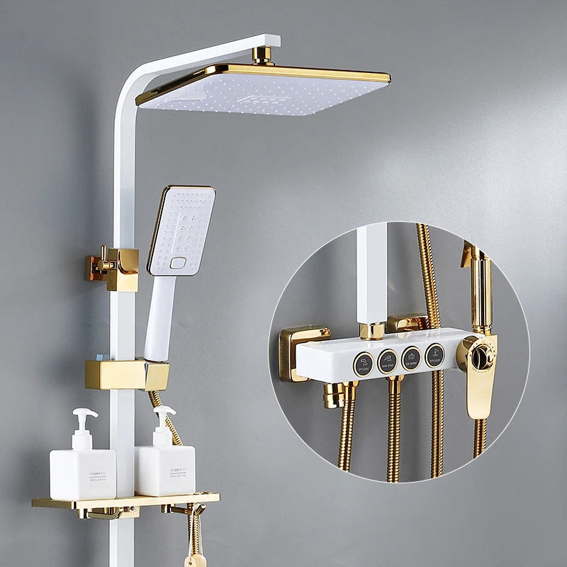 Luxury Hot Cold Digital Bathroom Shower System Thermostatic Brass Faucet Gold Digital Piano Control Rainfall Shower Head Set
