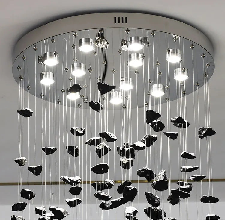 Black Art Luxury Stone Crystal Chandelier For Staircase Hallway Lobby Modern Cristal LED Hanging Lamp Home Indoor Light Fixtures