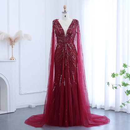 Luxury Dubai Sage Green Evening Dresses with Cape Fuchsia Crystal Gold Women Wedding Party Gowns SS399 Customized