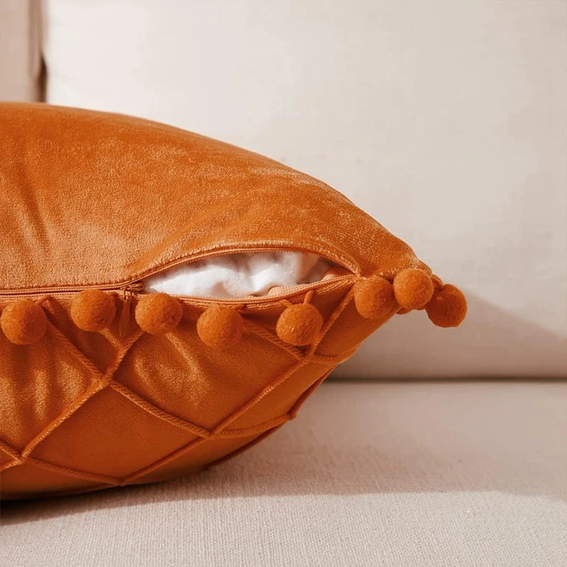 Yellow orange velvet lumbar pillow covers with diamond stripe pattern, pompom tassels, for home decor, 30x50cm or 45x45cm.