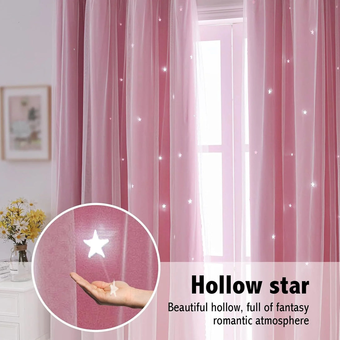 2 Panel Blue Romantic Sheer Girls Curtains Double-Layer Princess Curtains Hollow Stars Blackout Curtains Star Ins Gauze Curtains - https://mohammadcollection.com