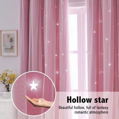 2 Panel Blue Romantic Sheer Girls Curtains Double-Layer Princess Curtains Hollow Stars Blackout Curtains Star Ins Gauze Curtains - https://mohammadcollection.com