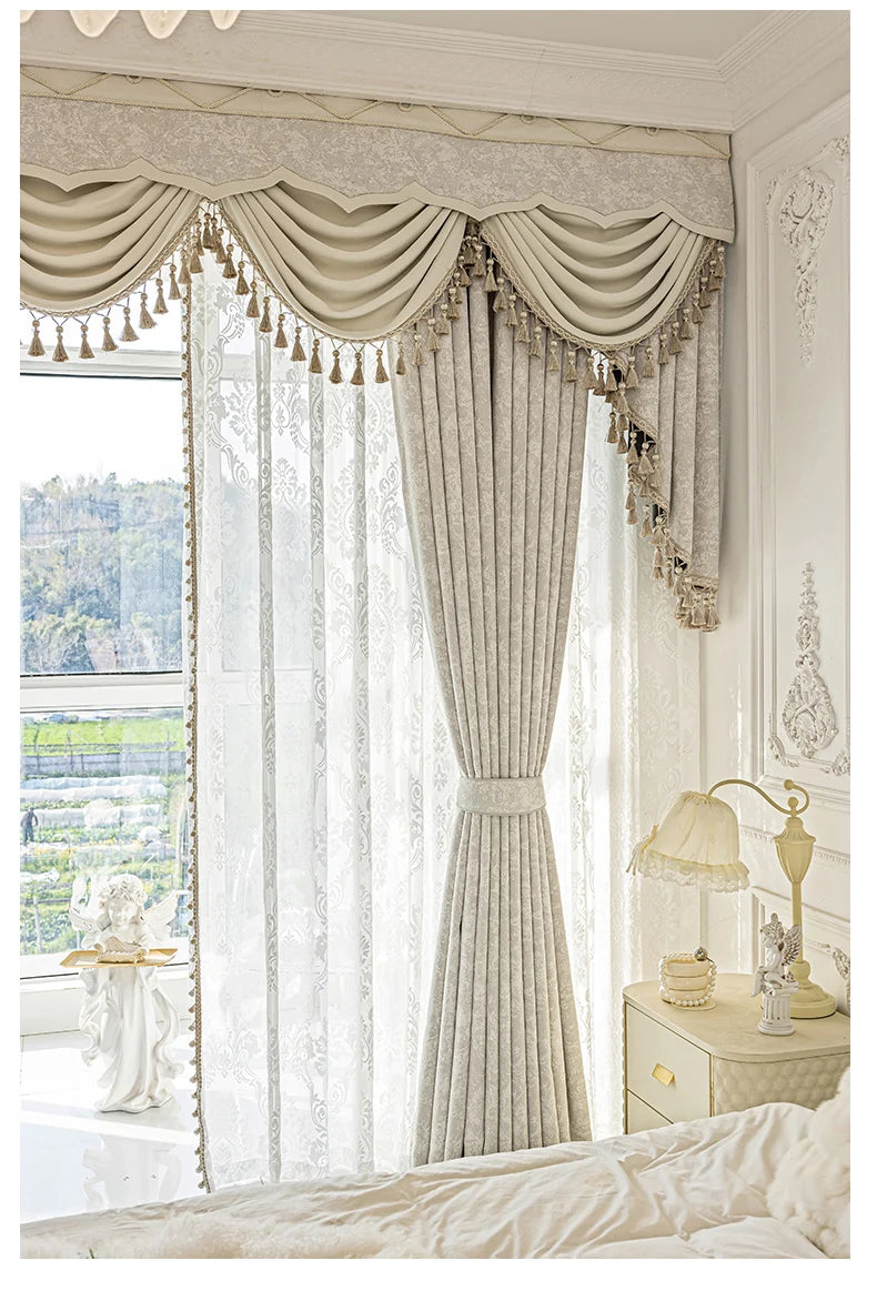 Beige jacquard chenille curtains by MC THE BLACK DIAMOND, stylish window treatments for living rooms, bedrooms, and balconies.