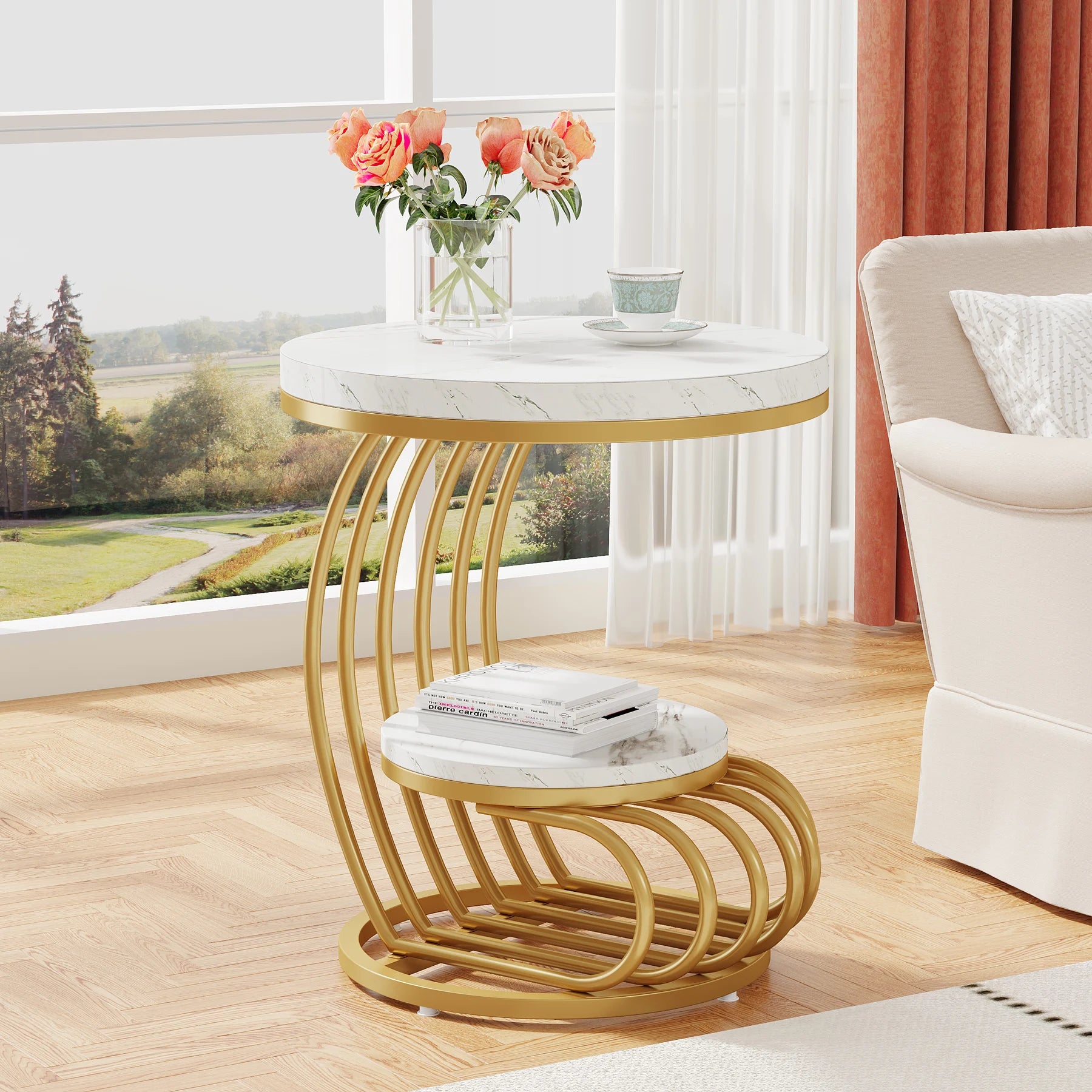 Tribesigns Gold Round End Table: 2 Tiers Faux Marble Side Table with Storage Shelf, Modern White Gold Bedside Nightstand - https://mohammadcollection.com