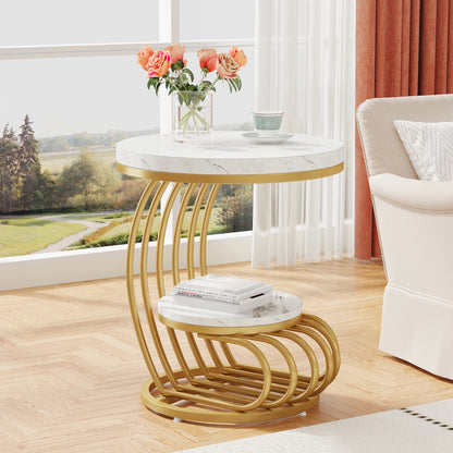 Tribesigns Gold Round End Table: 2 Tiers Faux Marble Side Table with Storage Shelf, Modern White Gold Bedside Nightstand - https://mohammadcollection.com