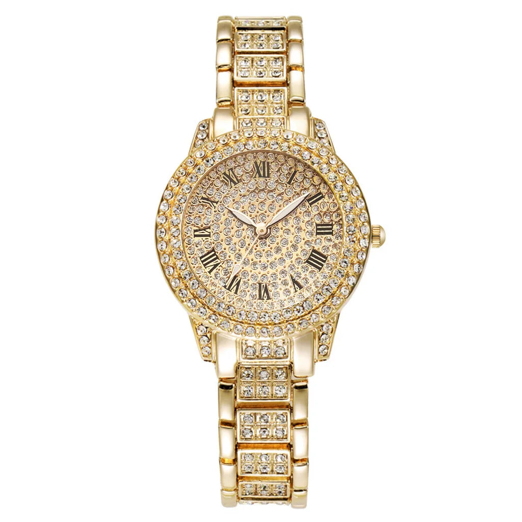 Casual ladies quartz wrist watch bracelet set featuring six jewelry pieces with elegant designs and mixed metallic finishes.