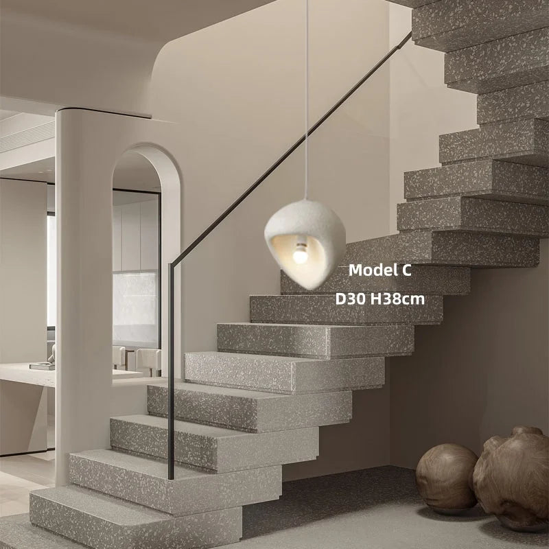 Nordic Villa Stairs Wabi Sabai E27 LED pendant light by MC THE BLACK DIAMOND hanging from ceiling with warm glow