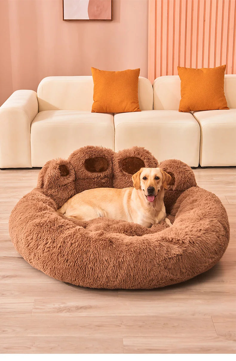 Large plush dog bed by MC THE BLACK DIAMOND, cozy cave-style pet bed with winter fleece for dogs and cats.