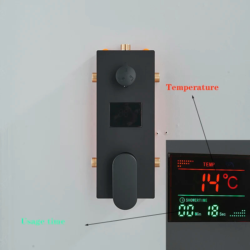 Matte black brass LED intelligent remote control for bathtub and shower faucets by MC THE BLACK DIAMOND, mounted on a wall.