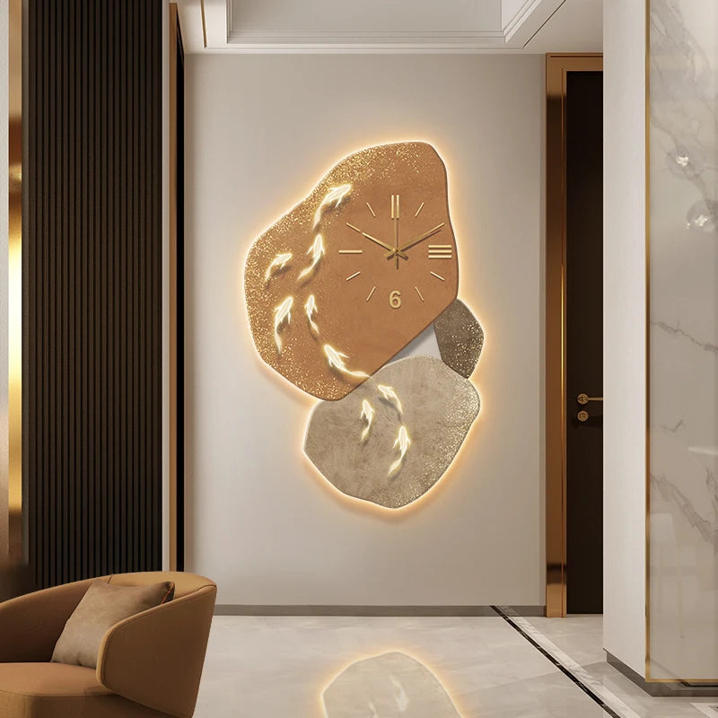 MC THE BLACK DIAMOND Nine Fish Map Wall Clock with luminous hands, modern luxury design, perfect for corridor or entrance wall decoration