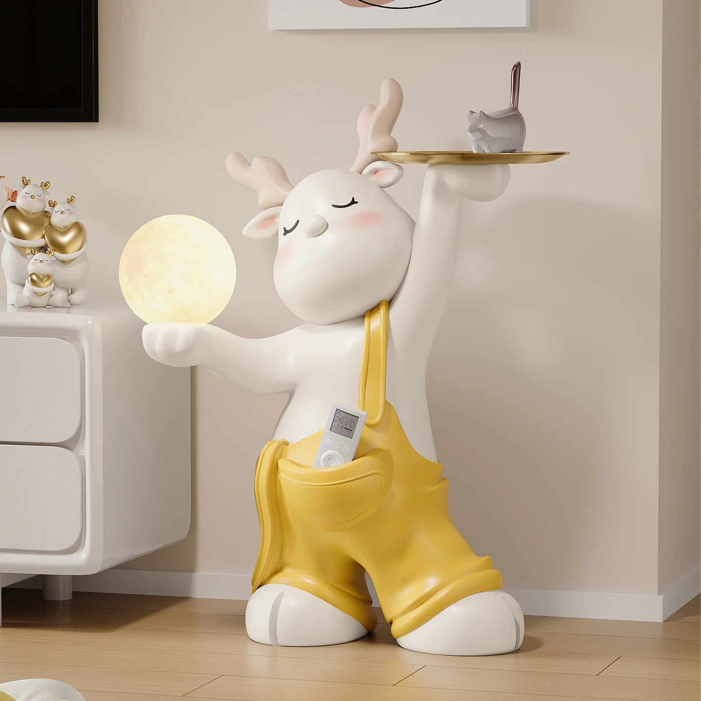 MC THE BLACK DIAMOND luminous elk deer figurine used as a decorative tray and sofa side table storage rack in a cozy room setting