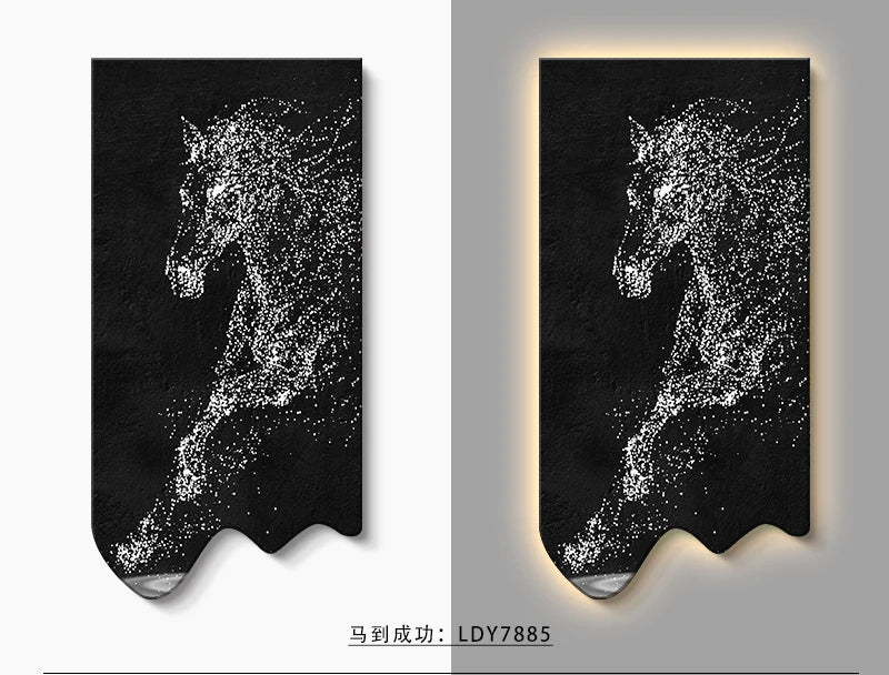 Modern art wall decor poster featuring a luminous horse painting by MC THE BLACK DIAMOND, perfect for living room or corridor decor.