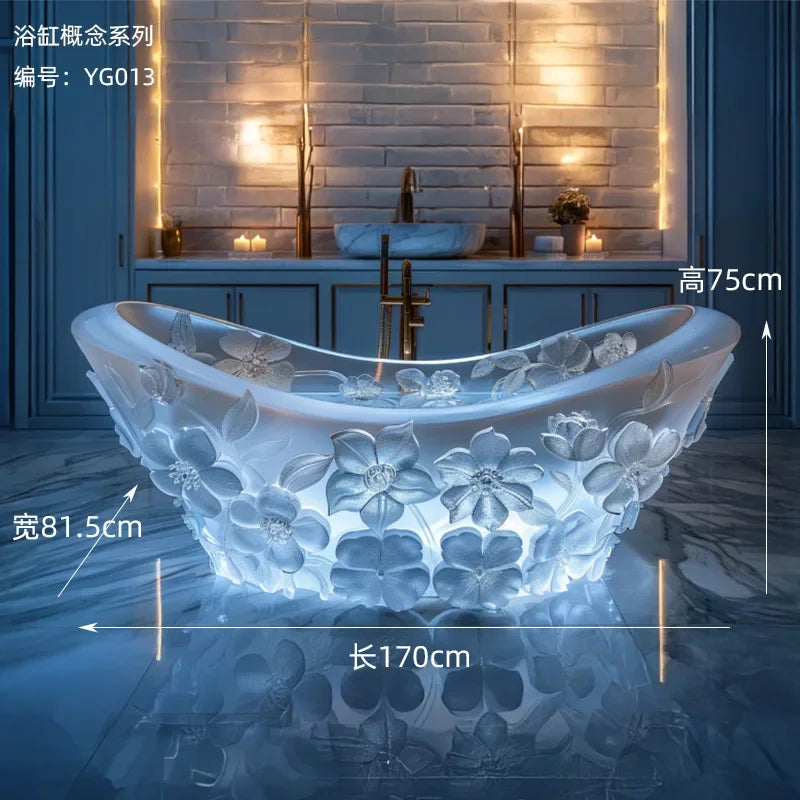 Transparent AI concept freestanding crystal resin bathtub by MC THE BLACK DIAMOND, designed for couples with a sleek, modern look.