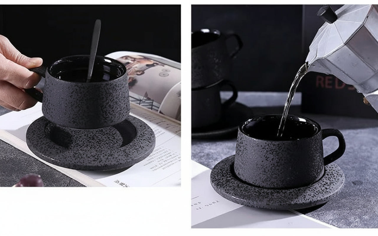 High-grade frosted ceramic coffee cup and saucer set with black spoon and cup holder, by 𝕄𝕔 𝕋𝕙𝕖 𝔹𝕝𝕒𝕔𝕜 𝔻𝕚�