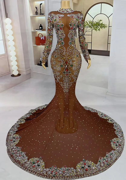 MC THE BLACK DIAMOND luxury floor-length dress with sparkling crystals, elegant and glamorous evening wear.