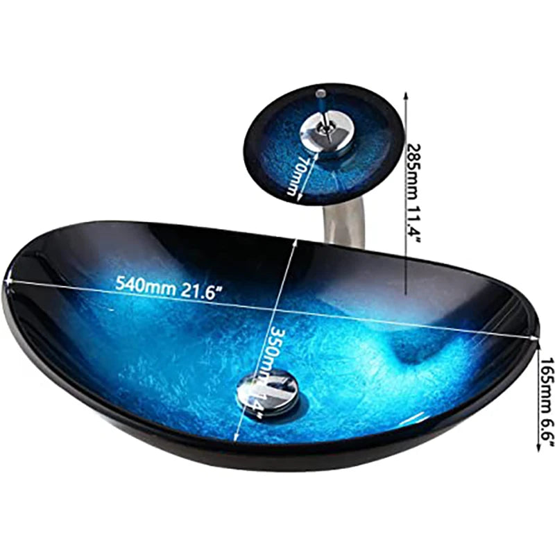 MC THE BLACK DIAMOND ZAPPO tempered glass bathroom vessel sink with waterfall black faucet and oval blue basin above counter.