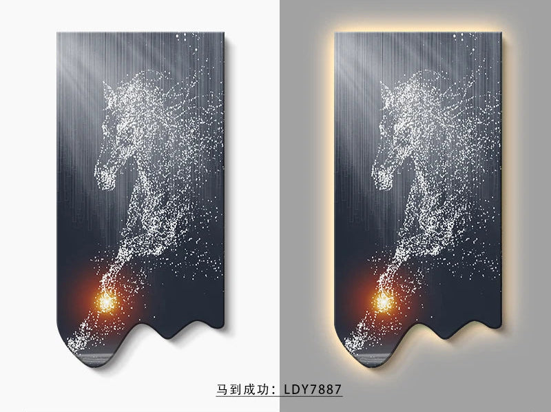 Modern art wall decor painting of a horse by MC THE BLACK DIAMOND, luminous LED hanging poster for luxury living room or corridor.