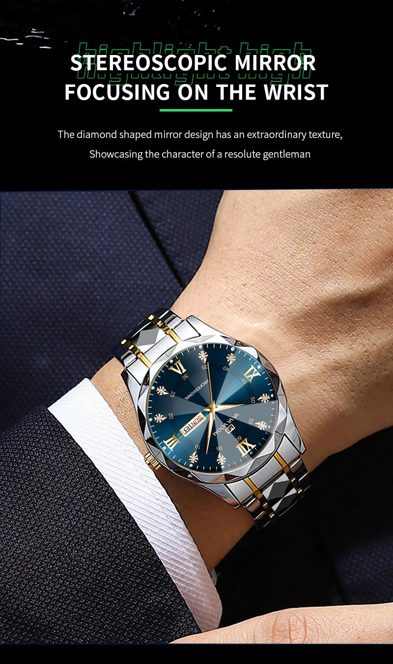 Men Watch Water Diamond Luxury Night Glow Double Calendar Quartz Movement 41mm Blue Gold Stainless Steel Fashion Business Watch - https://mohammadcollection.com