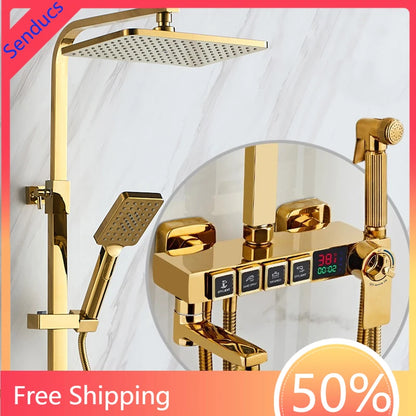 Luxury Hot Cold Digital Bathroom Shower System Thermostatic Brass Faucet Gold Digital Piano Control Rainfall Shower Head Set