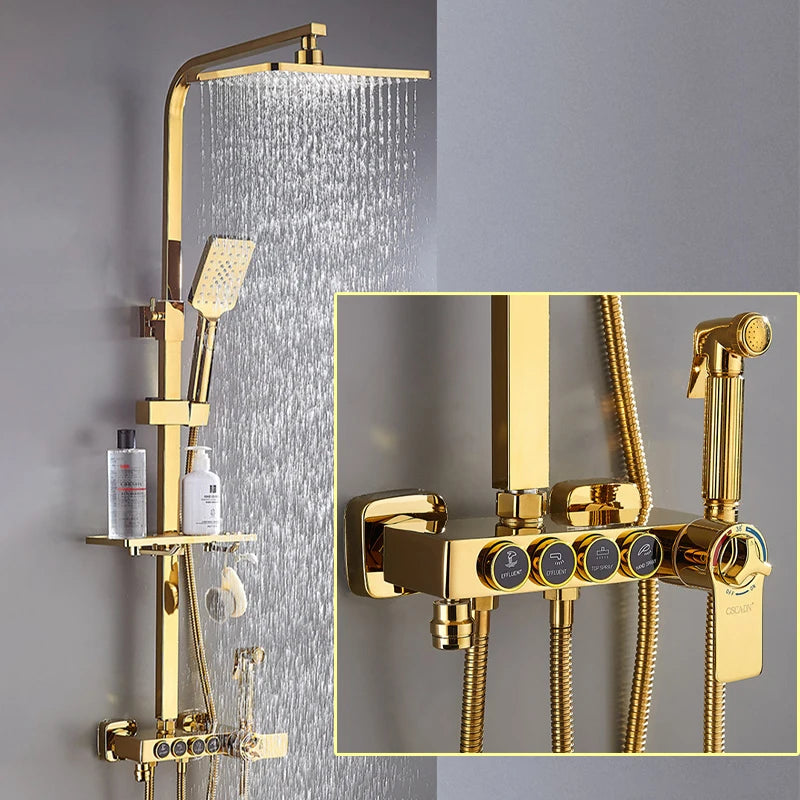Luxury Hot Cold Digital Bathroom Shower System Thermostatic Brass Faucet Gold Digital Piano Control Rainfall Shower Head Set