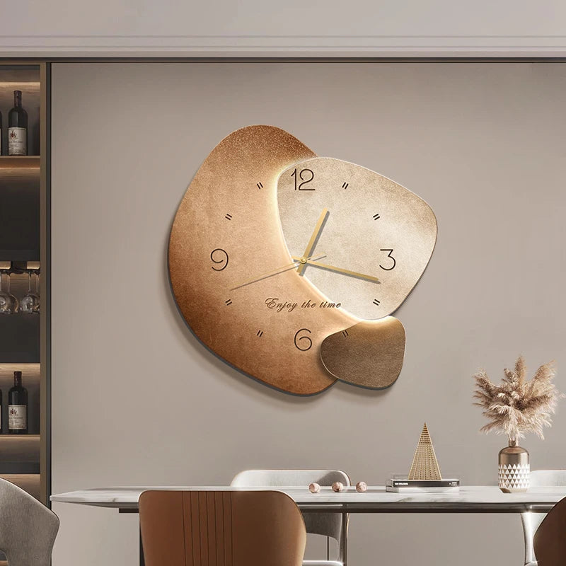 Wall clock featuring stone wall decoration art and digital clock display by MC THE BLACK DIAMOND, hanging on a modern wall.