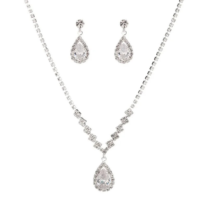 Vintage crystal waterdrop pendant necklace and matching earrings in silver, part of MC THE BLACK DIAMOND wedding jewelry set.