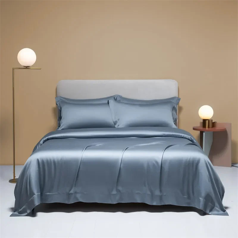 Luxury mulberry silk duvet cover by MC The Black Diamonds, solid color bedsheet in single, double, or king size with a smooth finish.