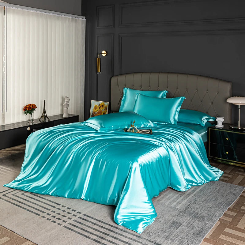 Black satin bedding set with a smooth, glossy quilt cover featuring solid color design, from Mc The Black Diamonds.
