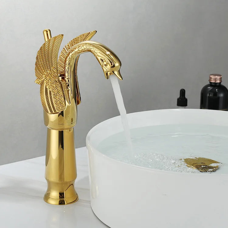 Golden Basin Faucet Deck Mount Sink Short Faucets Swan Shape Single Handle Sink Hot Cold Water Mixer Tap - https://mohammadcollection.com