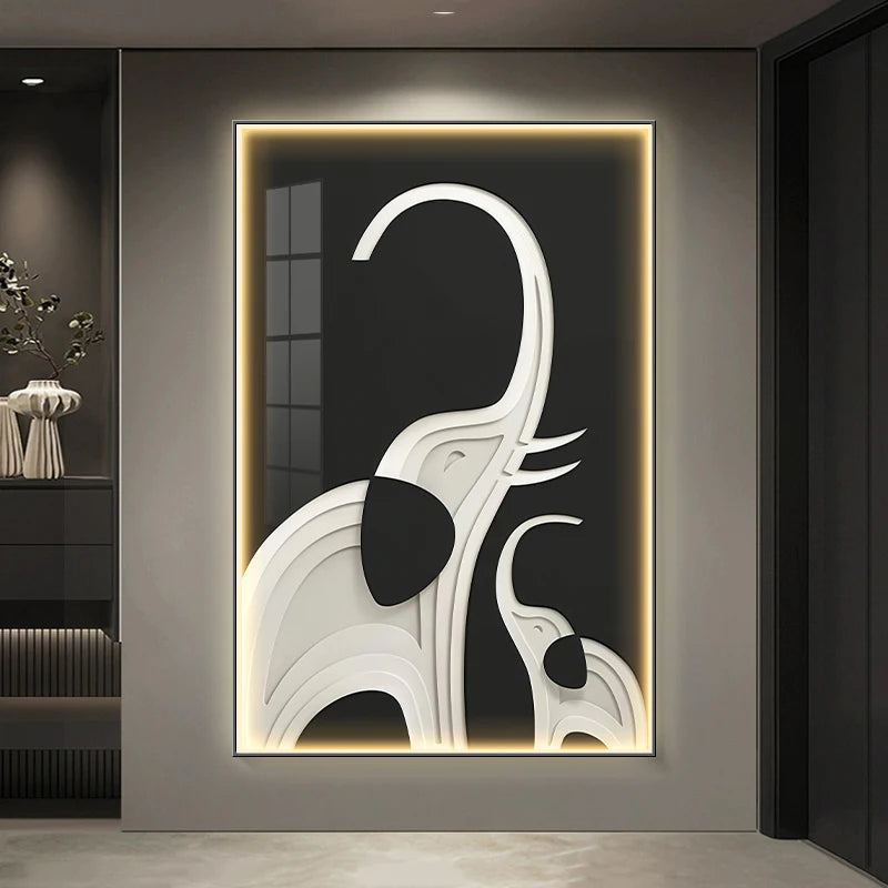 Abstract black elephant wall art poster with LED light, modern luminous mural for living room decor by MC THE BLACK DIAMOND