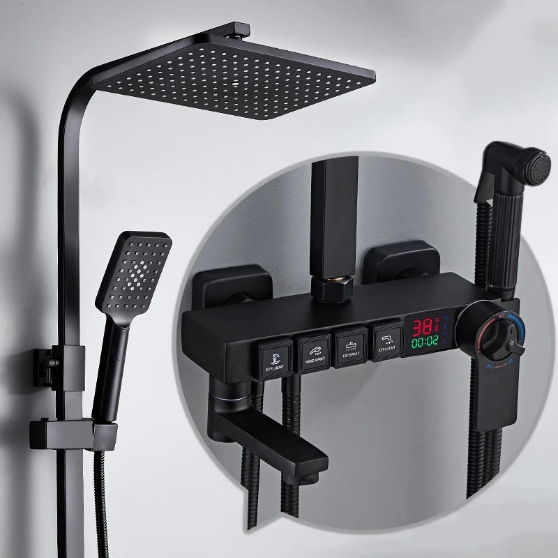 Luxury MC THE BLACK DIAMOND hot and cold digital shower head set with rainfall shower caddy and sleek modern design.