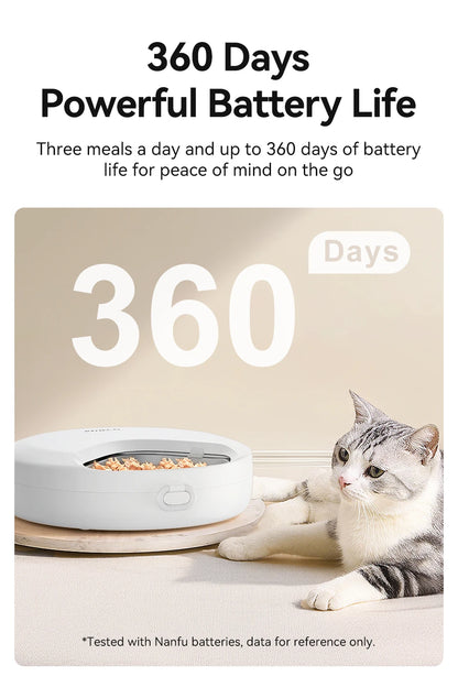 Automatic pet feeder by MC THE BLACK DIAMOND dispensing wet and dry food for cats and dogs with wireless smart technology.