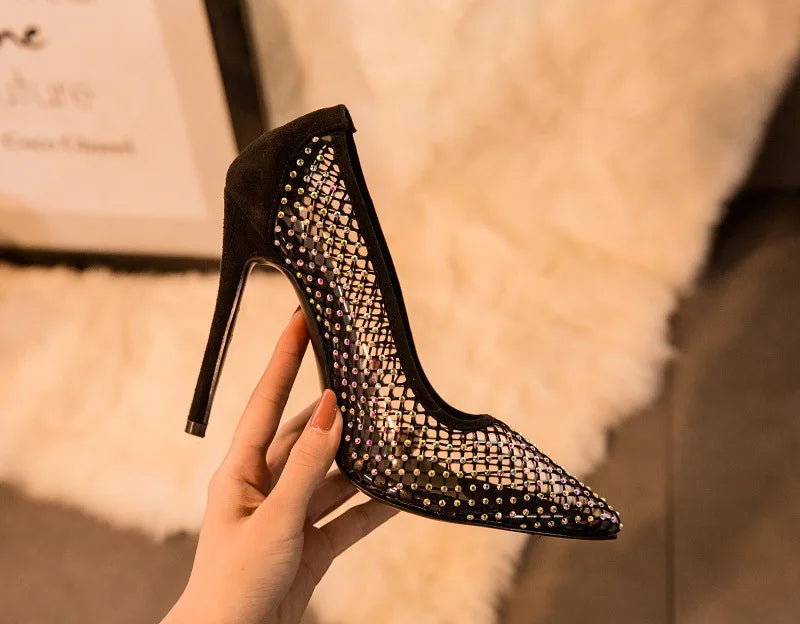 Colorful rhinestone women’s pumps with glitter, hollow mesh design, thin heels, suitable for parties and weddings, by 𝕄𝕔 𝕋𝕙𝕖 𝔹𝕝𝕒𝕔𝕜 �
