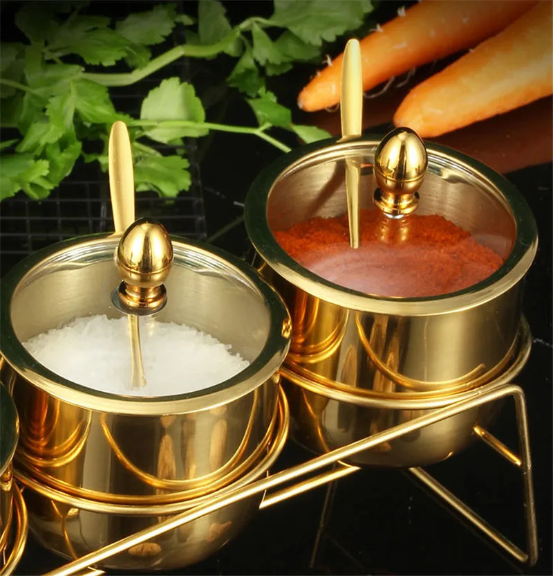 Gold MC THE BLACK DIAMOND 304 seasoning box with glass cap, spoon, and spice jar for salt, soy sauce, and flavoring storage.
