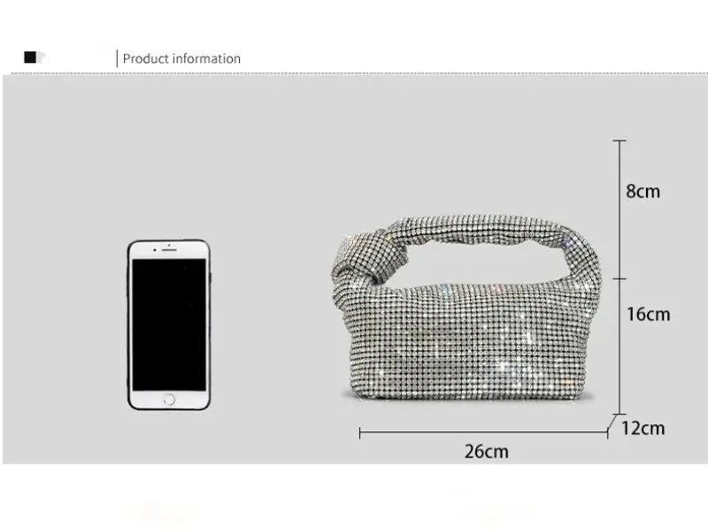 Silver handle evening bag with rhinestone knot design, crystal accents, top handle, from MC THE BLACK DIAMOND, luxury women's purse.