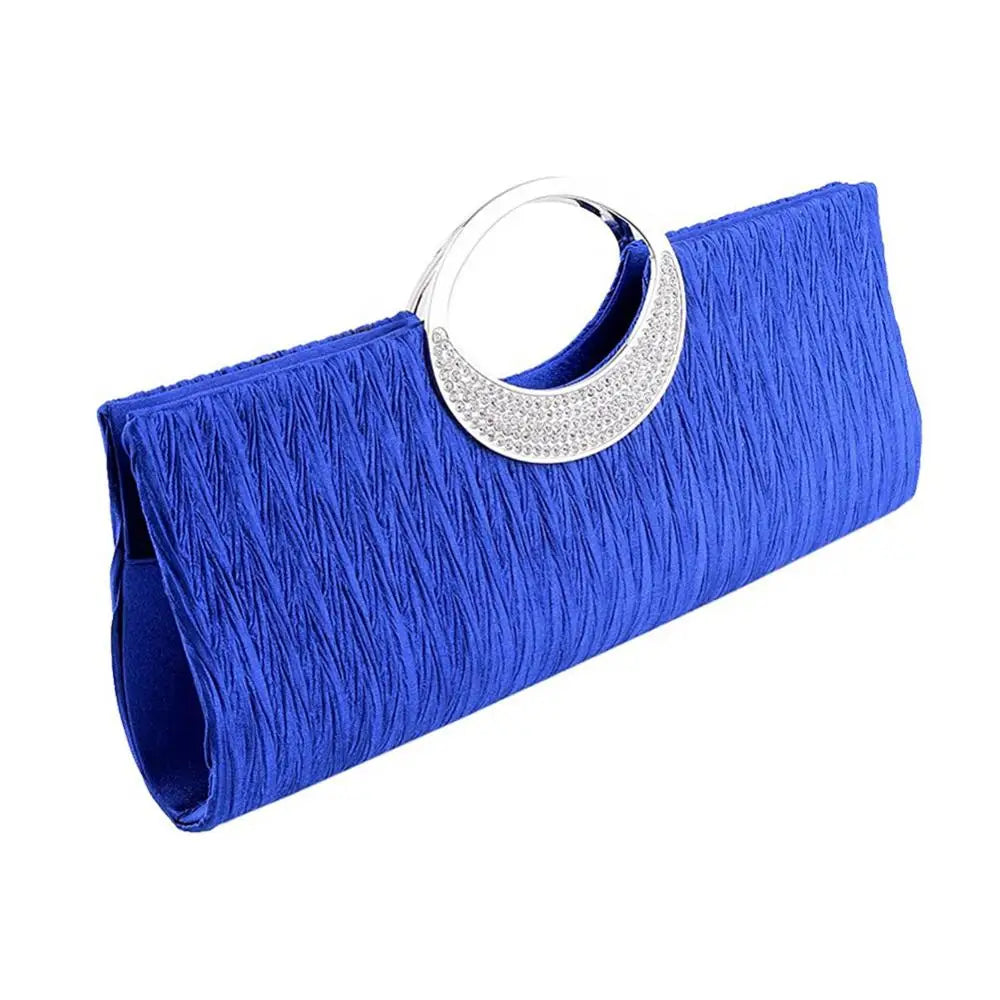 Luxury women's satin evening clutch bag with rhinestones, pleated design, and shoulder strap, from Mohammad Collection.