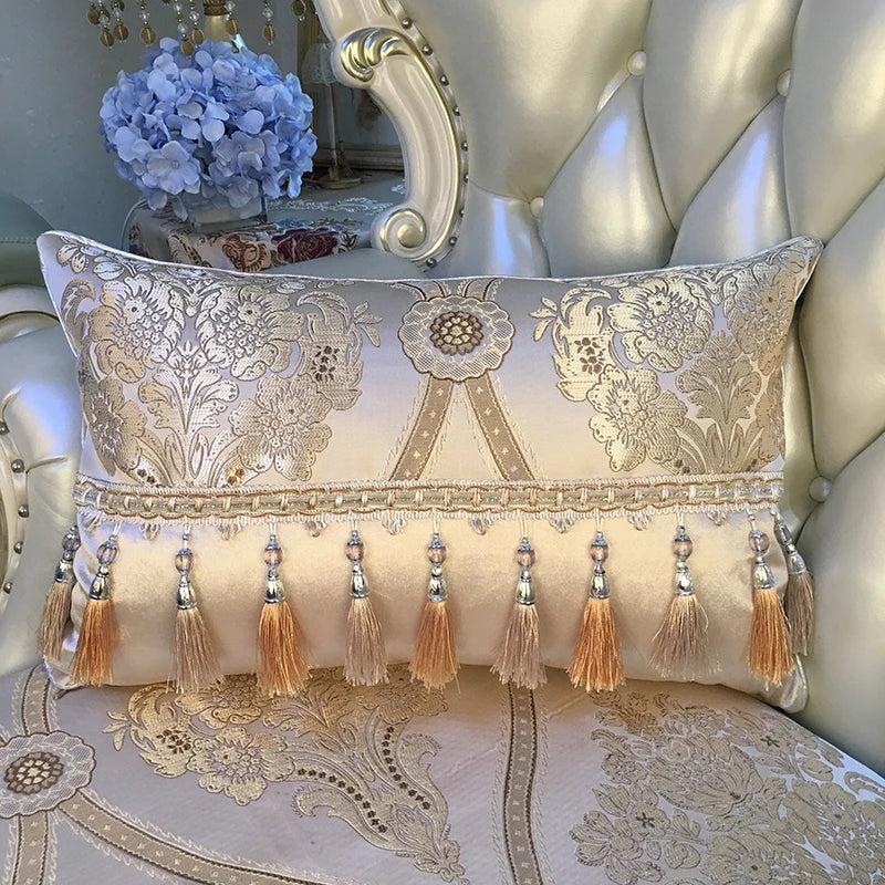 European luxury Jacquard tassel lace decorative sofa pillow cushion cover with rectangular shape and large backrest design.