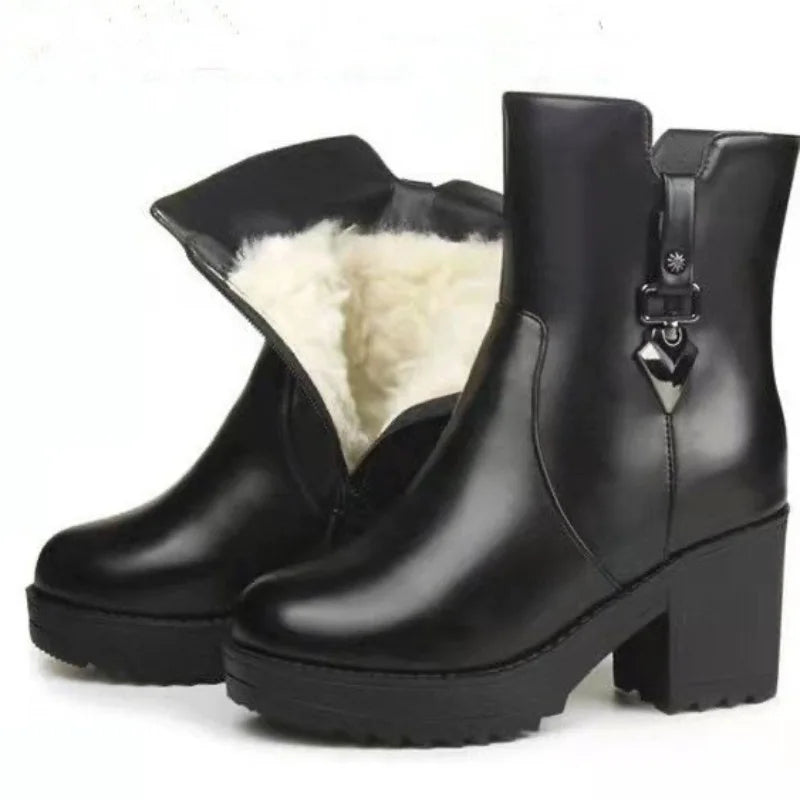 Luxury women's winter leather boots with high heels, casual fashion style, from Mohammad Collection, shown in black with a pointed toe.