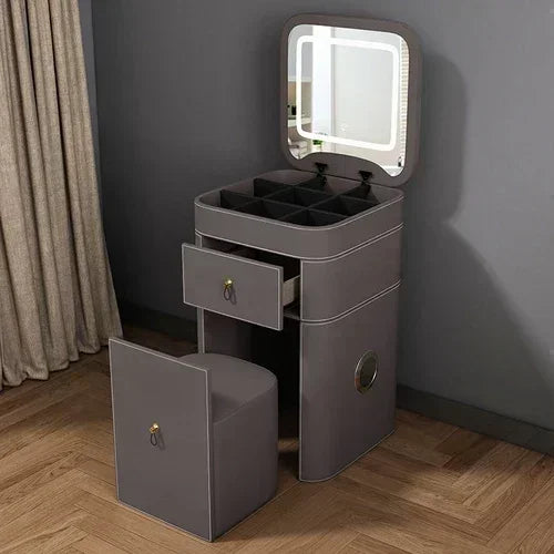 Modern MC THE BLACK DIAMOND makeup vanity with storage drawer, luxury mirror table and sleek stool for stylish beauty routines.