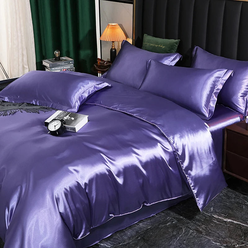 Luxury silk bedding set with duvet cover, fitted sheet, flat sheet, and pillowcases in solid color, king-size from 𝕄𝕔 𝕋𝕙𝕖 𝔹𝕝𝕒𝕔𝕜 �