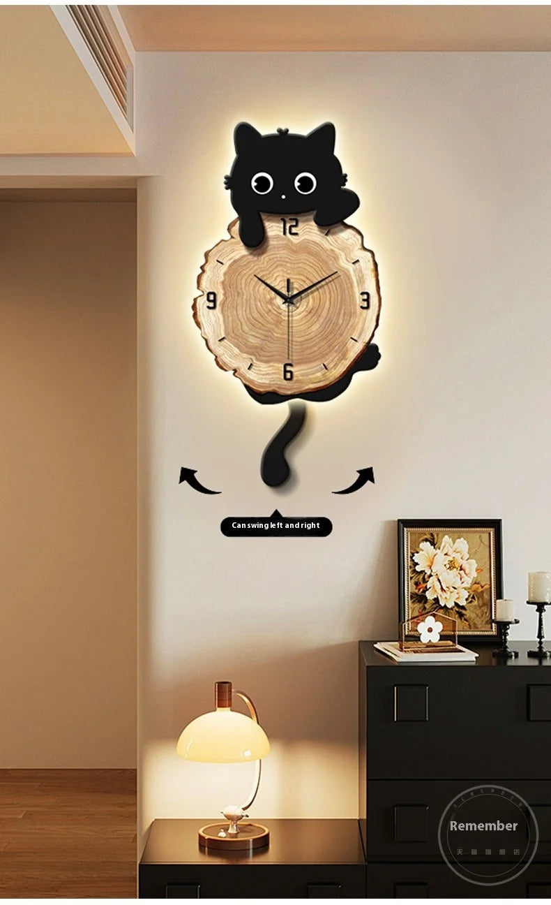 Nordic retro style cat wall clock by MC THE BLACK DIAMOND with LED light, creative luminous wall art for living room decor.