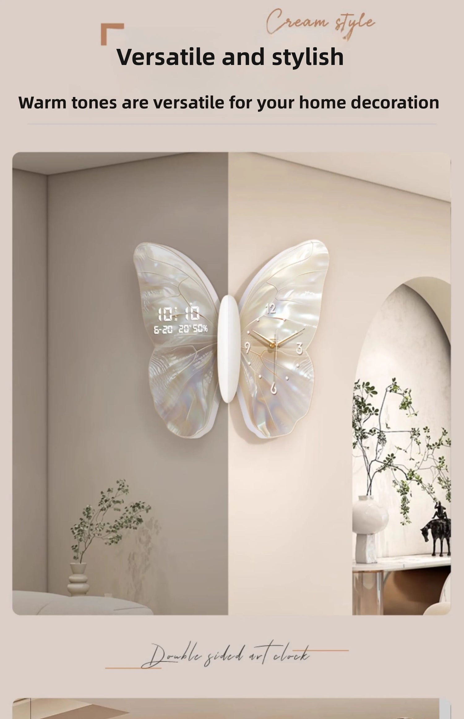 Modern MC THE BLACK DIAMOND butterfly wall clock with digital display, double-sided design, and mute white finish for living room decor.