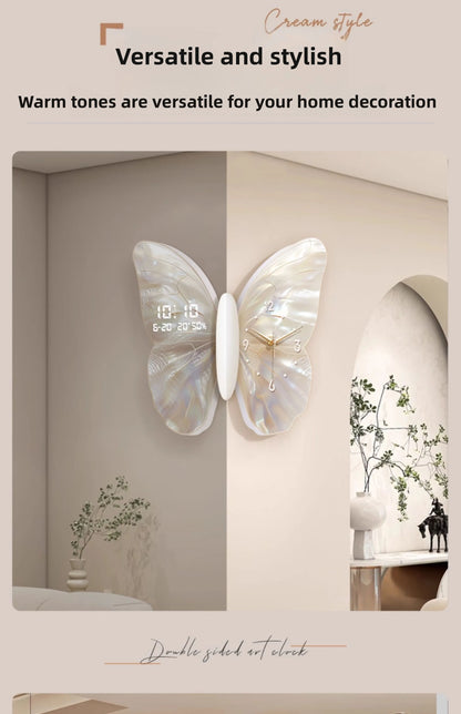 Modern MC THE BLACK DIAMOND butterfly wall clock with digital display, double-sided design, and mute white finish for living room decor.