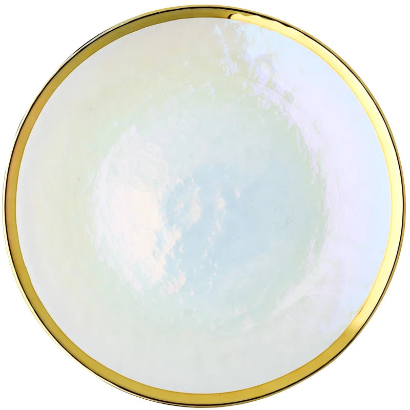Rainbow glass dinner plates and salad bowls with gilt rims, clear glass serving tray from 𝕄𝕔 𝕋𝕙𝕖 𝔹𝕝𝕒𝕔𝕜 𝔻𝕚𝕒�