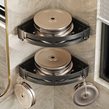MC The Black Diamonds no-drill shower caddy and bathroom organizer with multiple shelves and hooks for bath storage.