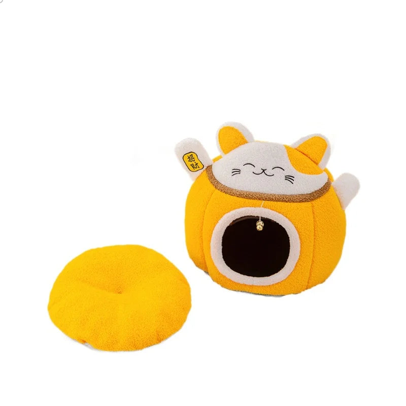 Lucky Fortune Cat Pet Bed - Winter Warm Semi-Open Fleece Round Bed for Cats &amp; Dogs | Cozy Lucky Pet House, Soft Cushioned Kennel - https://mohammadcollection.com
