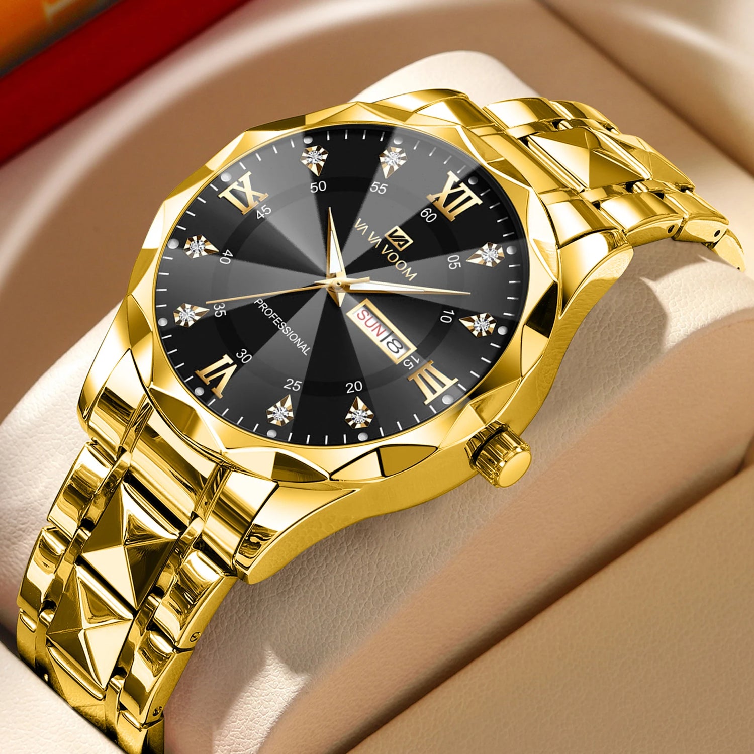 Men Watch Water Diamond Luxury Night Glow Double Calendar Quartz Movement 41mm Blue Gold Stainless Steel Fashion Business Watch - https://mohammadcollection.com