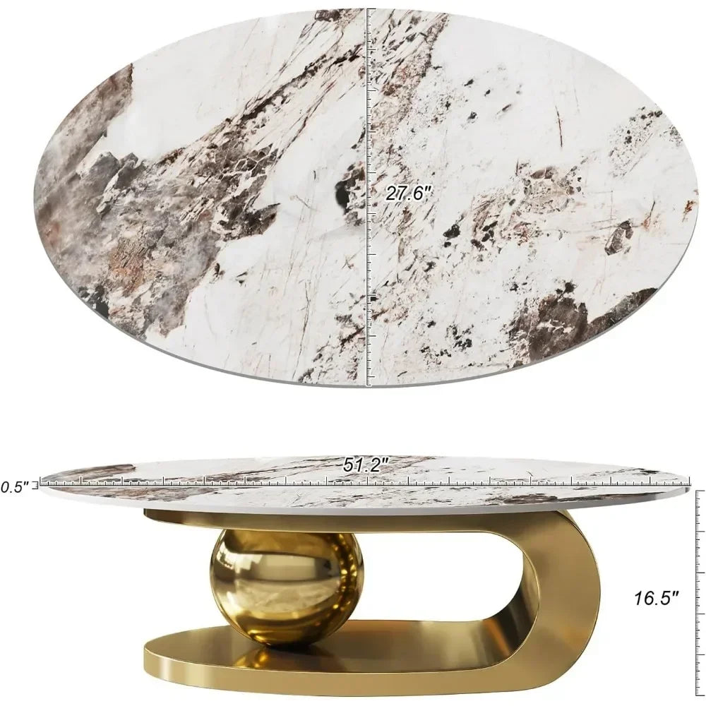 Modern Oval Stone Coffee Table with Abstract Gold Metal Base - Perfect  for Stylish Living Rooms-Gold,51"Lx28Wx16.5H - https://mohammadcollection.com