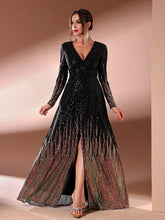 MC Women split hem evening gown by MC THE BLACK DIAMOND, featuring a random cut design and long sleeves for elegant occasions.