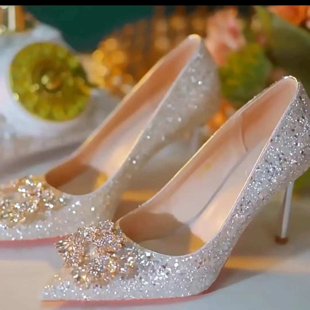 Elegant women's high heel shoes by Mohamad Collection with crystal accents, pointed toe, and retro style for formal occasions.